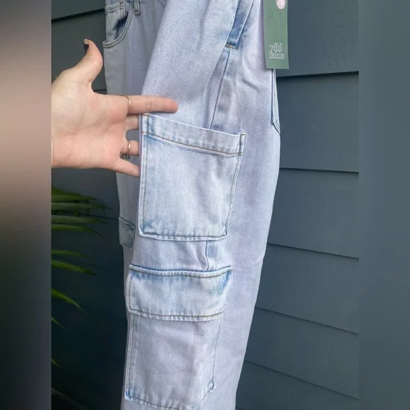 Wild Fable~Lavender Blue Tubed Cargo Denim Jumpsuit with Shirred Back~Size M NWT - Picture 4 of 14